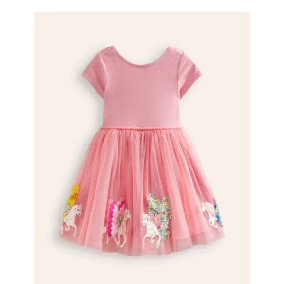 Mini Boden Girls Kids' Katie Short sleeve Unicorn Appliqué Tulle pink Dress 4/5